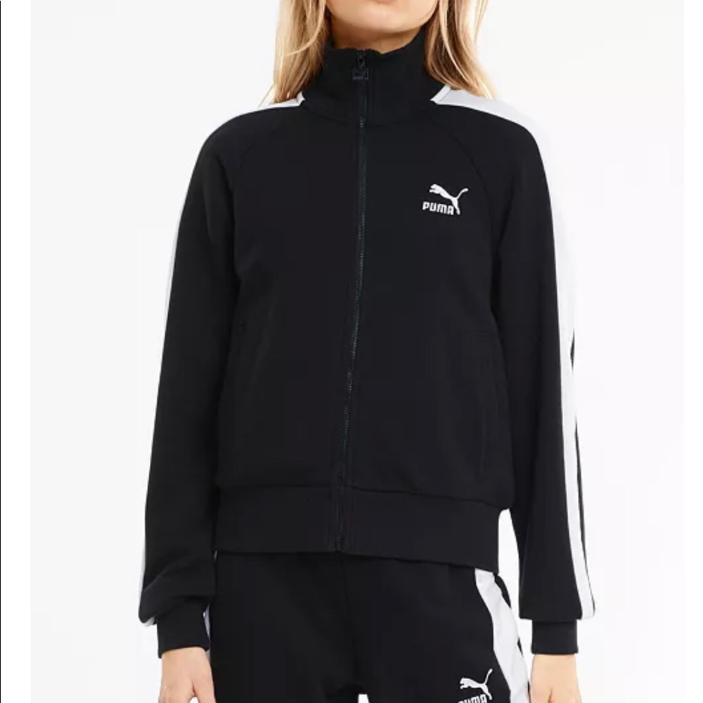 Puma Womens Noir Black Iconic T7 Stripes Stand-Up Collar Track Jacket Size M $65